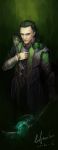  avengers black_hair geminibluedream green_eyes highres loki_(marvel) male marvel realistic signature snake solo staff 