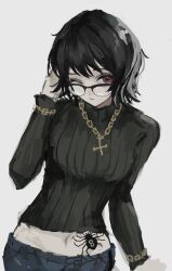 1girl arm_behind_head black-framed_eyewear black_hair black_sweater breasts bug chain chain_bracelet crop_top cropped_legs cross cross_necklace denim glasses highres hunter_x_hunter inverted_cross inverted_cross_necklace jeans jewelry long_sleeves necklace one_eye_closed pants red_eyes shizuku_murasaki simple_background solo spider spider_tattoo stomach_tattoo sweater tattoo turtleneck white_background xotnmsffsb 