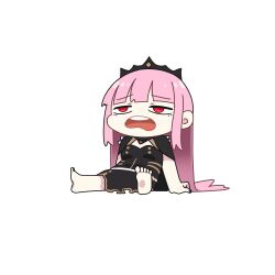  1girl barefoot blunt_bangs chibi chibi_only commentary half-closed_eyes highres hololive hololive_english long_hair mori_calliope open_mouth pink_hair red_eyes solo takeru_(hashiru11275) untranslatable_commentary upper_body very_long_hair 