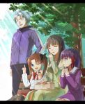  3girls ;d bench black_hair black_legwear blue_eyes brown_hair child doughnut eating family fate/stay_night fate/zero fate_(series) food food_on_face green_hair hair_ribbon hoodie kakuno letterboxed long_hair matou_kariya matou_sakura mother_and_daughter multiple_girls open_mouth purple_eyes purple_hair ribbon short_hair siblings sisters smile sunbeam sunlight thigh-highs thighhighs tohsaka_aoi tohsaka_rin toosaka_aoi toosaka_rin tree twintails violet_eyes white_hair wink young 