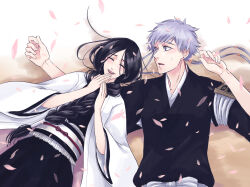  2girls anno_im badge black_hair black_kimono bleach braid closed_eyes commentary_request earrings falling_petals fukutaichou_badge grey_eyes grey_hair haori japanese_clothes jewelry kimono kotetsu_isane long_hair lying multiple_girls obi on_back open_mouth petals sash shihakusho short_hair_with_long_locks single_braid smile taichou_haori unohana_retsu 