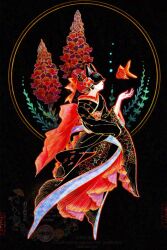  1girl 8rami2ki black_background black_kimono commentary_request fish floral_print floral_print_kimono flower fox_mask from_side goldfish gradient_hair gradient_sash japanese_clothes kimono looking_at_animal mask multicolored_hair orange_hair original print_kimono red_flower red_hair solo 