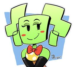  1girl bare_shoulders black_gloves black_outline blue_background blush_stickers bow bowtie colored_skin commentary dress elbow_gloves english_commentary gloves green_skin highres jd_virushunter looking_to_the_side mimi_(paper_mario) outline outside_border paper_mario_(series) polka_dot polka_dot_dress red_bow red_bowtie signature sleeveless sleeveless_dress smile solo super_mario_bros. super_paper_mario twintails white_outline yellow_dress 