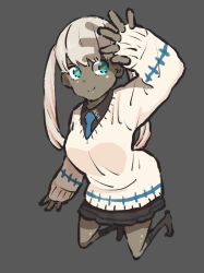  1girl arm_up black_shirt black_skirt black_socks blue_eyes blue_necktie blue_trim character_request closed_mouth collared_shirt colored_skin copyright_request covering_face full_body grey_skin highres hiphighs long_hair multicolored_eyes multicolored_hair necktie ohkubo_atsushi pleated_skirt red_hiphighs shirt skirt smile socks stitched_clothes striped_clothes striped_skirt sweater twintails two-tone_eyes two-tone_hair two-tone_sweater v-neck white_hair yellow_pupils 