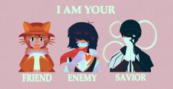  1boy 2others add-on_(off) animal_hat armor baseball_uniform black_ears black_hat blue_hair blue_scarf blue_skin brown_coat brown_hat brown_poncho brown_tunic cape cat_hat coat colored_sclera colored_skin dark_skin deltarune english_commentary genre_connection hat highres holding_bulb holding_light_bulb kris_(dark_world)_(deltarune) kris_(deltarune) light_bulb multiple_others niko_(oneshot) off_(game) oneshot_(game) oversized_sweater pink_cape praying purple_scarf red_soul_(utdr) scarf shirt simple_background soul_(utdr) sportswear striped_clothes striped_shirt the_batter_(off) tunic utdr_(toby_fox) white_background white_skin yellow_sclera zonkdiggitydog 