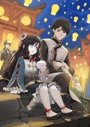  3boys 3girls ankle_ribbon arm_support beret black_coat black_eyes black_hair black_pants black_shoes black_skirt blue_eyes blunt_ends blush_stickers bright_pupils brown_coat brown_hair character_request closed_mouth coat commentary commission double_bun dress feet_out_of_frame fingernails flat_chest food from_side full_body genshin_impact gradient_clothes gradient_dress green_hat hair_between_eyes hair_bun hair_ornament hairclip hat highres holding holding_food jun_(navigavi) lantern lantern_festival leg_ribbon long_hair long_sleeves looking_at_another multicolored_coat multicolored_hair multiple_boys multiple_girls night ningguang_(genshin_impact) nose nose_shade open_mouth pants pantyhose paper_lantern people ponytail red_streaks ribbon shoes short_hair sitting skeb_commission skirt smile standing steamed_bun streaked_hair two-tone_coat upper_body venti_(genshin_impact) very_long_hair white_coat white_hair white_pantyhose zhongli_(genshin_impact) 