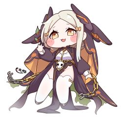  1girl absurdres black_dress blonde_hair bow chain chibi commentary_request dress floating full_body head_wings highres impersonation joanne_(trickcal) loincloth long_sleeves mask nun open_mouth orange_bow orange_eyes pelvic_curtain side_slit skull_mask smile speaki_(trickcal) thigh-highs trickcal two-sided_fabric two-sided_veil veil white_thighhighs wings yamada_sakura 