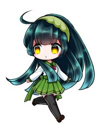  1girl absurdres ahoge black_thighhighs brown_shoes chibi chibi_only closed_mouth edomura_niniko full_body green_hair green_hairband green_sailor_collar green_skirt hairband highres long_hair long_sleeves neck_ribbon official_art pleated_skirt red_ribbon ribbon sailor_collar school_uniform second-party_source serafuku shirt shoes simple_background skirt solo thigh-highs touhoku_zunko transparent_background very_long_hair voiceroid white_shirt yellow_eyes zettai_ryouiki 