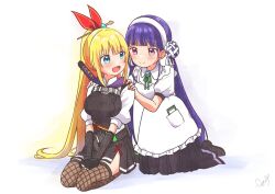  2girls blonde_hair blue_eyes double_bun fingerless_gloves fishnet_thighhighs fishnets fuyukusa_1 gloves green_ribbon hair_bun hair_ornament hair_stick hairband hands_on_another's_shoulders heaven_burns_red highres kanzaki_adelheid katana long_hair looking_at_another multiple_girls neck_ribbon open_mouth purple_hair ribbon satsuki_mari simple_background sitting sword thigh-highs twintails wariza weapon white_background 