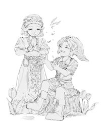  1boy 1girl child closed_eyes commentary_request dress fairy flower fold-over_boots greyscale happy hat headdress highres juliet_sleeves link long_sleeves monochrome navi on_tree_stump own_hands_together pointy_ears princess_zelda puffy_sleeves simple_background sitting smile tabard ten_1397xx the_legend_of_zelda the_legend_of_zelda:_ocarina_of_time the_legend_of_zelda:_ocarina_of_time_(remake) triforce tulip white_background young_link young_zelda 
