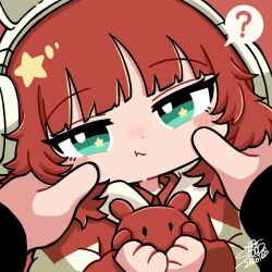  1girl ? cheek_pinching closed_mouth commentary_request dated green_eyes headphones highres looking_at_viewer original pinching pov pov_hands red_hair signature spoken_question_mark star_(symbol) star_in_eye stoop_life symbol_in_eye 
