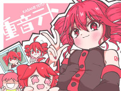  08sami80 1girl :3 ahoge black_shirt black_sleeves blush breasts buttons closed_mouth commentary_request detached_sleeves drill_hair fingernails hair_between_eyes hood hoodie kasane_teto kasane_teto_(utau) looking_at_viewer number_tattoo open_mouth pink_background pink_hoodie red_eyes red_hair red_nails shirt short_hair shoulder_tattoo sleeveless sleeveless_shirt small_breasts smile tattoo twin_drills upper_body utau 