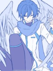  1boy angel_wings arm_up black_shirt blue_eyes blue_hair blue_nails blue_scarf blue_trim boots coat commentary_request double-parted_bangs downcast_eyes feet_out_of_frame hair_between_eyes harui_ryou highres kaito_(vocaloid) kaito_(vocaloid3) long_sleeves male_focus monochrome nail_polish pants scarf shirt short_hair sitting sleeve_cuffs solo thigh_boots very_short_hair vocaloid white_background white_coat wings 