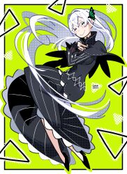  absurdres black_capelet black_dress bourbunbun bug butterfly butterfly_hair_ornament capelet colored_eyelashes commentary dress echidna_(re:zero) green_butterfly hair_between_eyes hair_ornament highres re:zero_kara_hajimeru_isekai_seikatsu striped_clothes striped_dress vertical-striped_clothes vertical-striped_dress white_eyelashes white_hair 