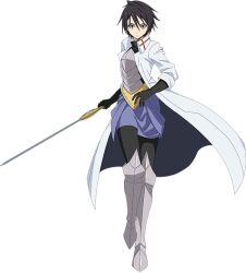  1girl anime_coloring armor armored_boots artist_request black_gloves black_hair black_pantyhose black_shirt blue_skirt boots breastplate closed_mouth coat fighting_stance frown full_body gloves gold_armor grey_armor hair_between_eyes holding holding_sword holding_weapon long_sleeves looking_at_viewer official_art open_clothes open_coat pantyhose sakaguchi_hinata second-party_source shirt short_hair simple_background skirt sleeves_rolled_up solo standing sword tachi-e tensei_shitara_slime_datta_ken transparent_background turtleneck turtleneck_shirt violet_eyes weapon white_coat 