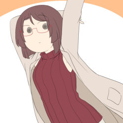  1girl arm_behind_head arms_up breasts brown_hair brown_jacket closed_mouth glasses hand_on_own_elbow jacket juukyuu medium_breasts nanako_(juukyuu) open_clothes open_jacket orange_background original red-framed_eyewear red_sweater ribbed_sweater semi-rimless_eyewear sleeveless sleeveless_sweater sleeveless_turtleneck solid_circle_eyes solo sweater turtleneck turtleneck_sweater two-tone_background under-rim_eyewear white_background 