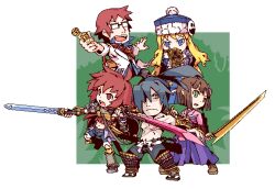  2boys 3girls aiming aiming_at_viewer armor bag blue_coat blue_eyes brown_hair bushidou_(sekaiju) bushidou_1_(sekaiju) bushidou_4_(sekaiju) character_hat_ornament chibi chibi_only closed_mouth coat commentary_request full_body fur-trimmed_coat fur-trimmed_headwear fur_trim glasses greaves green_eyes gun gunner_(sekaiju) gunner_2_(sekaiju) hair_over_one_eye hakama hakama_skirt high_ponytail holding holding_gun holding_sword holding_test_tube holding_weapon jack_frost_(megami_tensei) japanese_armor japanese_clothes kimono kote long_hair looking_at_viewer medic_(sekaiju) medic_1_(sekaiju) midriff multiple_boys multiple_girls navel one_eye_covered open_clothes open_coat open_mouth pectorals pink_kimono pom_pom_(clothes) ponytail purple_hakama red_hair scar sekaiju_no_meikyuu sekaiju_no_meikyuu_2 shield short_hair shoulder_bag skirt smile spiky_hair standing sword swordsman_(sekaiju) swordsman_2_(sekaiju) takujin test_tube v-shaped_eyebrows weapon white_coat 