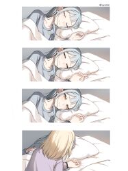  2girls absurdres bang_dream! bang_dream!_it's_mygo!!!!! blonde_hair blue_hair blue_shirt closed_eyes closed_mouth commentary highres holding_hands interlocked_fingers long_hair medium_hair misumi_uika multiple_girls pillow purple_shirt reyedeul shirt sleeping smile togawa_sakiko waking_up yellow_eyes yuri 