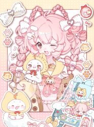  1girl ^_^ ahoge animal baby_animal backpack bag beads ben-day_dots bird blue_bag blunt_bangs blush_stickers border bow bow-shaped_hair bowtie braid braided_hair_rings braided_twintails brooch brown_eyes brown_jacket buttons cat cat_brooch cat_hair_ornament character_brooch chick chinese_commentary cloak closed_eyes clothed_animal commentary_request commission cowboy_shot crossed_bangs daodangou dot_nose ear_covers eyelashes frilled_shirt frills gifty_(nikki) gradient_border hair_beads hair_bow hair_ornament hair_ribbon hair_rings hairclip hand_puppet happy heart heart_hair_ornament highres hood hood_up hooded_cloak jacket jewelry lace_background light_blush long_hair long_sleeves miracle_nikki momo_(nikki) nikki_(nikki) nikki_(series) one_eye_closed open_clothes open_jacket open_mouth outline outside_border paw_print paw_print_pattern pink_border pink_bow pink_bowtie pink_hair pink_skirt pleated_skirt pom_pom_(clothes) pom_pom_hair_ornament print_bow print_bowtie print_jacket puffy_long_sleeves puffy_sleeves puppet red_bow red_bowtie ribbon ribbon-trimmed_bow ribbon_trim sailor_collar sample_watermark school_uniform screentones shirt short_sleeves single_hair_intake skirt smile tareme two-tone_border watermark whiskers white_background white_bow white_cat white_outline white_ribbon white_shirt x_hair_ornament yellow_border yellow_cloak yellow_sailor_collar 