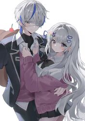  1boy 1girl :t absurdres aokumo_rin ayatsuno_yuni black_bow black_jacket black_skirt blue_eyes blue_streaks bow cardigan cardigan_partially_removed chixrnu closed_mouth clothes_grab collared_shirt commentary cowboy_shot cross_hair_ornament eyepatch genderswap genderswap_(ftm) grey_hair hair_intakes hair_ornament hairclip heart heart_hair_ornament hetero highres jacket long_hair long_sleeves looking_at_viewer looking_to_the_side medical_eyepatch miniskirt multicolored_hair one_eye_covered open_clothes open_jacket pink_cardigan pink_sweater pleated_skirt pout school_uniform shirt simple_background skirt small_sweatdrop standing stellive streaked_hair sweater turning_head undershirt very_long_hair violet_eyes virtual_youtuber white_background white_shirt 