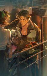  1boy 1girl absurdres bag black_hair black_pants black_shirt black_skirt brown_bag character_name curtained_hair fur-trimmed_jacket fur_trim gloves hair_ribbon hattori_heiji helmet highres holding holding_unworn_helmet jacket jewelry jishikou looking_at_another meitantei_conan motor_vehicle motorcycle motorcycle_helmet necklace on_motorcycle open_clothes open_jacket outdoors pants parted_lips railing ribbon road_sign shirt short_hair shoulder_bag sign skirt standing unworn_headwear unworn_helmet white_shirt 