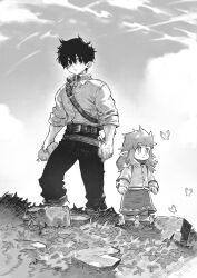  1boy 1girl ankle_boots arms_at_sides auyn_(harten) belt belt_buckle boots bright_pupils buckle bug butterfly buttons child collared_shirt commentary dagger elf eyelashes fantasy feet_out_of_frame full_body grass greyscale hair_between_eyes harten harten_sieg_filbrio highres holding holding_stuffed_toy jun_(navigavi) knife knife_sheath long_hair long_sleeves looking_at_animal looking_to_the_side messy_hair monochrome no_pupils outdoors pants parted_lips pointy_ears sheath sheathed shirt shirt_tucked_in short_hair sidelocks skirt sky sleeves_rolled_up standing stuffed_toy toned toned_male veins veiny_hands weapon 