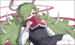  1girl book dress flat_chest green_hair hair_horns hair_over_one_eye hair_spread_out halo highres holding holding_book long_hair looking_at_viewer original ouroboros ouroboros-chan_(zizi_niisan) pantyhose pinafore_dress pointy_ears red_eyes sleeveless sleeveless_dress solo very_long_hair white_pantyhose zizi_niisan 