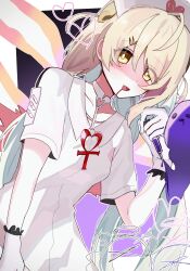  1girl 82_usatyann alternate_costume blonde_hair blood blood_from_mouth blush collarbone detached_wings dialyn_(zenless_zone_zero) dress energy_wings gloves hair_between_eyes hair_ornament hairclip hat highres holding holding_syringe long_hair looking_at_viewer open_mouth phoenix_reffaella promeia_(zenless_zone_zero) shaded_face solo syringe white_dress white_gloves white_hat wings yellow_eyes zenless_zone_zero zhao_(zenless_zone_zero) 