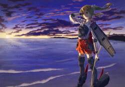  1girl adjusting_hair armored_boots boots bow_(weapon) brown_hair chest_guard clouds commentary_request feet_out_of_frame floating_hair gradient_sky hair_ribbon hakama hakama_short_skirt hakama_skirt holding holding_bow_(weapon) holding_weapon horizon japanese_clothes kantai_collection kimono long_hair mitoshiro mountainous_horizon muneate nontraditional_miko ocean purple_sky red_skirt ribbon rigging skirt sky solo standing sun thigh_boots twintails wading waves weapon white_kimono winged_boots yellow_eyes zettai_ryouiki zuikaku_(kancolle) 