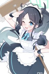  1girl apron aris_(blue_archive) aris_(maid)_(blue_archive) black_dress black_hair blue_archive blue_bow blue_bowtie blue_eyes blue_halo bow bowtie commentary_request cowboy_shot dexien dress floating_clothes floating_hair frilled_apron frills from_above halo highres long_hair maid maid_apron maid_headdress one_eye_closed open_mouth puffy_short_sleeves puffy_sleeves salute short_sleeves simple_background solo standing white_apron white_background 