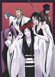  3boys 3girls absurdres anno_im balcony black_eyes black_kimono bleach bleach:_sennen_kessen-hen blue_headband brown_hair commentary_request eyepatch facial_hair flower flower_wreath glasses goatee grin haori head_wreath headband highres japanese_clothes katori_batsuunsai kimono long_hair low_ponytail multiple_boys multiple_girls mutton_chops obana_danjirou obi open_mouth ponytail purple_hair round_eyewear saitou_furoufushi sash shigyou_nobutsuna shihakusho shijima_chigiri smile spider_lily sword taichou_haori twintails unohana_retsu unohana_yachiru very_long_hair violet_eyes weapon wide_sleeves 