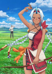  1boy 1girl absurdres alna arm_behind_head arm_up arrow_(projectile) artist_request black_pants blue_horns blue_sky boots bow_(weapon) bracelet braid breasts brown_boots closed_mouth clouds commentary_request copyright_notice cowboy_shot criss-cross_straps dark-skinned_female dark_skin day dias_(the_frontier_lord_begins_with_zero_subjects) facial_mark from_behind grass grasslands grey_hair hair_ornament hairband hand_on_own_hip highres holding holding_arrow holding_bow_(weapon) holding_weapon horns jewelry leaf long_hair looking_at_viewer low-tied_sidelocks medium_breasts mountainous_horizon multiple_braids official_art oni outdoors pants red_eyes ryoumin_0-nin_start_no_henkyou_ryoushu-sama shirt short_eyebrows short_sleeves sidelocks single_sidelock sky smile split_mouth straight-on weapon white_shirt wind 