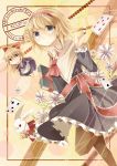  alice_in_wonderland alice_margatroid ascot blonde_hair blue_eyes book bow bunny capelet card character_name clover diamond_(shape) flower glasses hair_bow hairband highres kuran_(mkmrl) kyuuran long_hair pantyhose pince-nez playing_card pocket_watch rabbit shanghai_doll short_hair smile solo spade touhou watch white_rabbit 