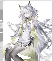  1girl animal_ears arknights art_program_in_frame bare_shoulders black_shorts black_thighhighs bochishiraita bracelet cape cat_ears cat_girl closed_mouth criss-cross_straps dress feet_out_of_frame floating_hair green_cape green_eyes hand_on_lap hand_up highres invisible_chair jewelry kal'tsit_(arknights) kal'tsit_esperanta_(arknights) light_smile long_hair looking_at_viewer multicolored_cape off-shoulder_dress off_shoulder procreate_(medium) procreate_(software) shorts simple_background sitting solo thigh-highs white_background white_cape white_dress white_hair 