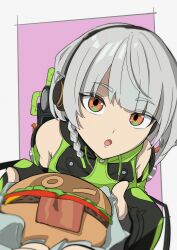  1girl anby_demara bare_shoulders black_gloves braid burger cheese commentary_request fingerless_gloves food food_wrapper gloves grey_hair headphones highres holding holding_burger holding_food lettuce looking_at_viewer open_mouth orange_eyes pink_background potyaskeleton reaching short_hair single_braided_sidelock solo tomato two-tone_background white_background zenless_zone_zero 