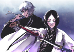  2girls anno_im badge black_hair bleach braid closed_eyes commentary_request fukutaichou_badge grey_hair haori highres holding holding_sheath holding_sword holding_weapon japanese_clothes kotetsu_isane long_hair multiple_girls sheath shihakusho short_hair_with_long_locks single_braid sword taichou_haori unohana_retsu unsheathing weapon 