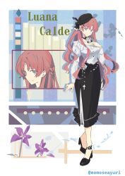  1girl artist_name black_choker black_hat black_shoes black_skirt blue_eyes border braid character_name choker closed_mouth commentary_request cross floating_hair flower frilled_shirt frills full_body half_up_braid hand_on_own_chest hat hat_request high-waist_skirt high_heels highres juliet_sleeves kyoto_xanadu long_hair long_sleeves looking_at_viewer luana_calderone mini_hat momoseayuri multiple_views neck_flower outside_border parted_bangs pink_hair puffy_sleeves pumps purple_flower shirt shoes skirt smile solo standing twitter_username wavy_hair white_border white_shirt 