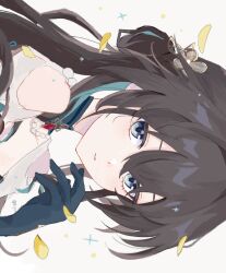 1girl black_hair commentary falling_leaves gloves green_gloves green_streaks highres honkai:_star_rail honkai_(series) leaf long_hair looking_at_viewer looking_to_the_side multicolored_hair nyoki1586714 parted_lips portrait ruan_mei_(honkai:_star_rail) simple_background solo streaked_hair two-tone_hair white_background 