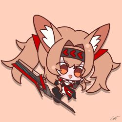  1girl :d angelina_(arknights) angelina_the_mellow_wish_(arknights) animal_ears arknights black_gloves black_hairband black_thighhighs brown_hair chibi chinese_commentary commentary_request dress fox_ears fox_girl full_body gloves hairband highres lapfrence long_hair no_pupils open_mouth orange_eyes pink_background signature simple_background smile solo staff thigh-highs twintails waving white_dress 