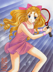  1girl ace_wo_nerae! artist_name blonde_hair blue_eyes bow closed_mouth color_ink_(medium) dress drill_hair feet_out_of_frame hair_bow holding holding_tennis_racket pink_bow pink_dress racket ryuuzaki_reika short_dress sleeveless sleeveless_dress solo standing suzumame sweatband tennis_racket traditional_media 