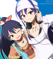  2girls :d ;d aqua_eyes beamed_eighth_notes bikini bikini_under_clothes black_bikini black_hair blue_hair blue_vest brown_shirt commentary_request dated fang ganaha_hibiki gold_necklace hand_on_another's_shoulder happy_birthday headphones headphones_around_neck headscarf idolmaster idolmaster_(classic) idolmaster_sp jewelry kidachi kisaragi_chihaya long_hair looking_at_viewer multiple_girls musical_note musical_note_necklace necklace one_eye_closed ponytail shirt side-by-side smile sweater swimsuit vest white_headscarf white_sweater yellow_eyes 