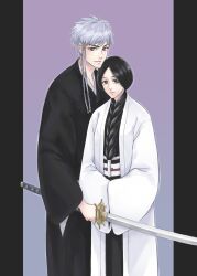  2girls anno_im black_eyes black_hair black_kimono bleach braid commentary_request earrings grey_eyes grey_hair hands_in_opposite_sleeves haori height_difference highres japanese_clothes jewelry kimono kotetsu_isane multiple_girls obi outside_border pillarboxed sash shihakusho short_hair_with_long_locks single_braid taichou_haori tall_female unohana_retsu white_haori wide_sleeves 