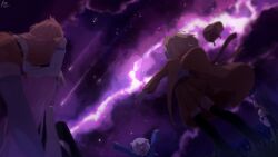  a0s0l blonde_hair blunt_bangs commentary diamond_hairband english_commentary fins fish_tail from_below gawr_gura grey_hair hat highres hololive hololive_english hood long_hair long_sleeves looking_up meteor_shower mori_calliope multiple_girls ninomae_ina'nis open_mouth orange_hair pink_hair purple_hair shark_girl shark_tail shirt short_hair smile tail takanashi_kiara tentacle_hair virtual_youtuber watson_amelia white_shirt 