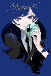  1other androgynous black_jacket black_necktie blue_eyes blue_hair closed_mouth collared_shirt commentary_request crystal_apple crystal_hair food fruit glint highres holding holding_food holding_fruit houseki_no_kuni jacket lapis_lazuli_(houseki_no_kuni) liquid_gold long_hair looking_at_viewer maikeru2go necktie other_focus pale_skin shirt smile upper_body 