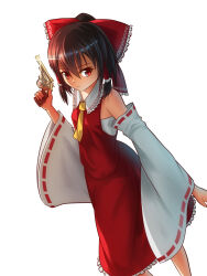  1girl ascot bow brown_hair closed_mouth collar commentary_request detached_sleeves dot_nose dutch_angle eyes_visible_through_hair feet_out_of_frame frilled_bow frilled_collar frilled_hair_tubes frilled_skirt frills gun hair_between_eyes hair_tubes hakurei_reimu hand_up holding holding_gun holding_weapon katapan55 red_bow red_eyes red_shirt red_skirt revolver ribbon-trimmed_sleeves ribbon_trim shirt simple_background skirt skirt_set sleeveless sleeveless_shirt touhou weapon white_background wide_sleeves yellow_ascot 
