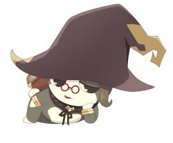  1girl artist_request black_eyes book bracelet brown_hair chibikemo closed_mouth commentary full_body furry furry_female game_asset gold_bracelet grimoire grimoirh_(tales) hand_on_own_cheek hand_on_own_face hand_on_own_leg hat jewelry looking_at_viewer lying mini_eyewear normin_(tales) official_art on_side rabbit_tail red-framed_eyewear red_lips simple_background solo tachi-e tail tales_of_(series) tales_of_berseria third-party_source transparent_background witch_hat 
