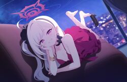  1girl bare_shoulders black_hairband blue_archive bow bow_choker choker couch dress dutch_angle earrings fishnet_pantyhose fishnets gold_bangle hairband halo high_heels highres indoors jewelry long_hair looking_at_viewer lying mutsuki_(blue_archive) mutsuki_(dress)_(blue_archive) night official_alternate_costume official_art on_couch on_stomach pantyhose pearl_earrings pink_eyes pointy_ears red_dress red_halo shoes sleeveless sleeveless_dress solo unworn_shoes white_hair 