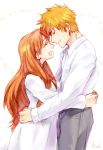  1girl bleach breasts closed_eyes couple dress eyes_closed hetero inoue_orihime kurosaki_ichigo long_hair muraosa_(conjecture) orange_hair smile sontyou1992_(conjecture) 