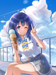  1girl :d ;d absurdres ahoge artist_name blue_bow blue_bowtie blue_eyes blue_hair blue_sky bow bowtie clouds cloudy_sky commentary_request feet_out_of_frame food grey_skirt grin highres holding holding_food holding_ice_cream ice_cream make_heroine_ga_oo_sugiru! medium_hair multiple_scoops one_eye_closed pleated_skirt school_uniform shirt sitting skirt sky smile solo tsuwabuki_high_school_uniform v white_shirt wishingstar0724 yanami_anna yellow_bow yellow_bowtie 