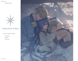  1girl 2boys arm_rest arm_support artist_name bed bed_sheet blonde_hair blue_eyes blue_hair border closed_eyes commentary_request dated dizzy_(guilty_gear) english_text family father_and_child father_and_son guilty_gear guilty_gear_strive half-closed_eyes honey_dogs hug husband_and_wife ky_kiske long_hair lying mother_and_child mother_and_son multiple_boys on_back on_bed parent_and_child pillow red_eyes short_hair sin_kiske sleeping twintails white_border 